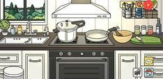 a kitchen scene with pots and pans on the stove, an oven and window