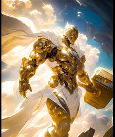 an image of a man in gold armor holding a golden box with clouds behind him