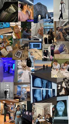 a collage of images with people and computers in them, including an image of a woman