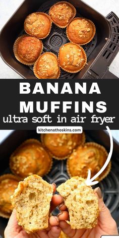 banana muffins in an air fryer with text overlay