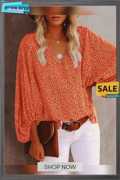 V-neck Shirt Print Balloon Sleeve Top Summer Orange V-neck Blouse, Relaxed Fit V-neck Tops For Brunch, Casual Long Sleeve V-neck Top For Summer, Trendy Long Sleeve V-neck Top For Summer, Relaxed Fit V-neck Blouse For Brunch, Relaxed Fit V-neck Blouse For Fall, Relaxed Fit V-neck Top For Spring, Casual V-neck Split Neck Top For Fall, Casual Split Neck V-neck Top For Fall