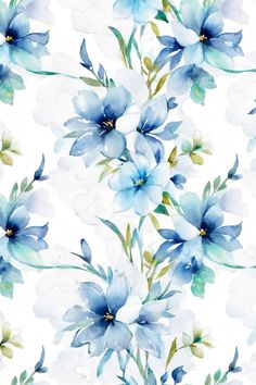 watercolor blue flowers on white background with green stems and leaves in the center,