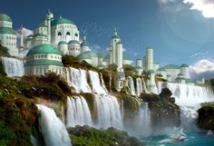 an artistic view of a waterfall and city