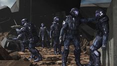 some sci - fi soldiers are standing in front of a space station and looking at something