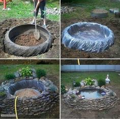 four pictures showing how to build an outdoor fire pit with tires and tarp around it