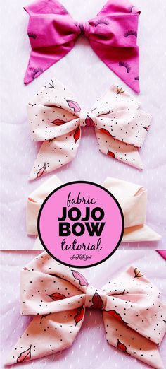 three bows are shown with the words fabric bow journal written below them in black on a pink background