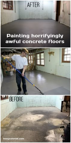 the before and after shots of painting flooring in an empty room with concrete floors