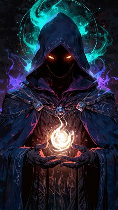 a hooded man holding a glowing orb in his hands with flames coming out of it