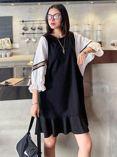 Sku CY-!62697 Material Cotton-blend , <50%Cotton Style Loose , Irregular clipping , Puff Sleeves Feature Falbala , Split-joint Neckline Round-neck Occasion Casual , Original Creation Seasons Summer Type Dresses Color BLACK Size S,M,L Model's weight:52kg Model's height:166cm（65.4 inches) Please consult the size chart we provide for this item's measurements to help you decide which size to buy.Please note: There may be 1-3cm differ due to manual measurement. Neckline Bust Waist Sleeve Hemline Leng Casual Black Mini Dress With Puff Sleeves, Puff Sleeve Dress, Boho Style Dresses, Urban Looks, Puffed Sleeves Dress, Ao Dai, Cozy Fashion, Cotton Style, Puff Sleeves