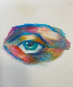 an eye drawn on paper with colored pencils