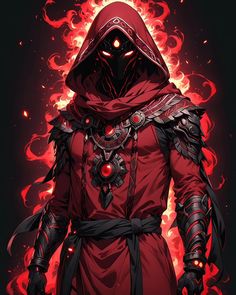 a red hooded character with flames in the background