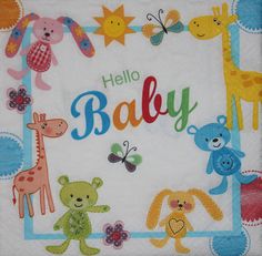 there is a baby blanket with animals on it and the words hello baby written in large letters