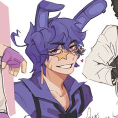 an anime character with purple hair and bunny ears on his head, looking to the side