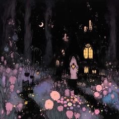 an illustration of a house in the woods at night with flowers and trees around it