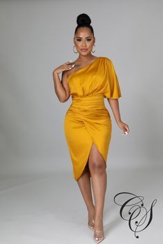 Yellow Dress Outfit, Tie Up Heels, Dinner Dress Classy, One Shoulder Midi Dress, Classy Dress Outfits, Dinner Dress, Draped Dress, Satin Material, Stretch Dress