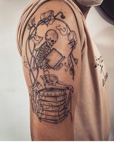 Reading Tattoo, Woodcut Tattoo, Bookish Tattoos, Skeleton Tattoos, Spooky Tattoos, Book Tattoo, Aesthetic Tattoo, Dream Tattoos, Elegant Tattoos