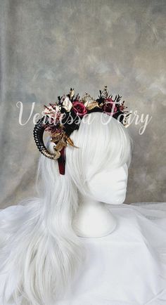 Black and Burgundy Ram Horns headpiece, Dark Red Flower crown, Gothic fantasy headpiece, Gothic woodland fairy headpiece: This magical Burgundy /  Wine Red flower crown is decorated with pretty black and dark red flowers and highlights of gold. This fantastical headpiece has an added mythical feature of black ram horns tipped in gold in a small size, adding fantasy to your look. Very lightweight and comfortable to wear, you can frolic in the forest or dance the night away and be completely pract Crown With Horns, Horns Headpiece, Red Flower Crown, Fairy Headpiece, Fairy Woodland, Gothic Flowers, Fairy Crown, Gothic Fairy, Ram Horns