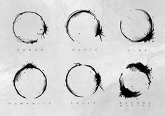 six circles with different types of ink on them