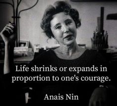 an older woman is sitting in a chair with her hand up to her face and the words life shrinks or expands in proportion to one's courage