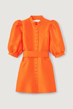 AMOAKO-DRESS SHORT SMART ORANGE Orange Outfits For Women, Hunter Bell, Orange Satin, Orange Dress, Knit Jacket, Mini Dress With Sleeves, Cinched Waist, High Collar, Satin Finish