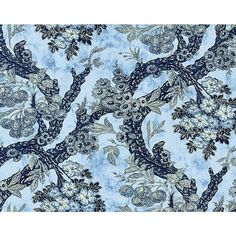 a blue and white wallpaper with floral designs on the back ground, in an ornate pattern