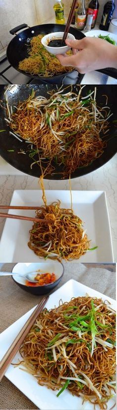 the process of making stir fried noodles with chopsticks is shown in three pictures