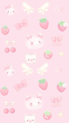 hello kitty wallpaper with pink background and various items on the bottom right hand corner