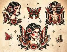 an old school tattoo design with butterflies and woman's faces