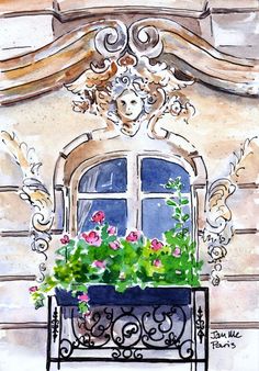 a painting of a window box with flowers in it