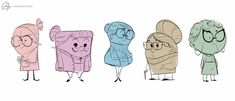 four cartoon characters are standing in a line, one is wearing a robe and the other has