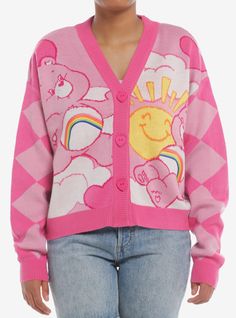 Keep cozy in Care-A-Lot! This knit Care Bears cardigan features diamonds knit down the sleeves and Cheer Bear on either side. Comes with bear-y cute heart-shaped buttons down the center.100% acrylicWash cold; dry flatImportedListed in junior sizesModel is 5'9"Model wears size Small Care Bear Accessories, Cute Clothing Items, Care Bears Clothes, Christmas Clothes Aesthetic, Decora Clothes, Play Closet, Clothes From Amazon, Japanese Kawaii Fashion, Aesthetic Building