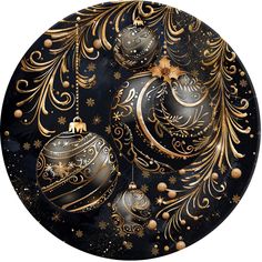 a black and gold christmas ornament on a white background with golden ornaments around it