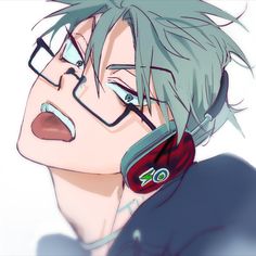 an anime character with green hair and eyeglasses looking to his left while wearing headphones