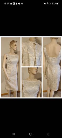 Jackie Kennedy style dress and jacket are in mint condition. Gold brocade fabric, dress knee length with jacket waist length. Dress: bust: 32/34", waist: 27", top of dress shoulder to waist:16", shoulder to dress hem: 40", Hips: 34", Zipper metal: 14", Jacket with 3/4" sleeves, Under arm to sleeve: 9", Neck to sleeve: 21", front collar to bottom of jacket: 16", Jacket back from collar to hack hem: 19". Jacket has little front pockets. Dress has bra snap holders on shoulder. This is truly a one of a kind find. Beautiful & simplistic design. Outfit has been dry cleaned and ready to wear. No tears or discoloration any where on dress. Outfit look between 50's and 60"s. Perfect for a wedding or evening event. Festive Brocade Formal Dress, Festive Formal Brocade Dress, Festive Brocade Dress For Formal Occasions, Elegant Brocade Dress For Occasion Wear, Fitted Brocade Dresses For An Elegant Look, Elegant Fitted Brocade Dress, Fitted Brocade Dress For Festive Season, Formal Gold Brocade Dress, Vintage Fitted Dress For Mother Of The Bride