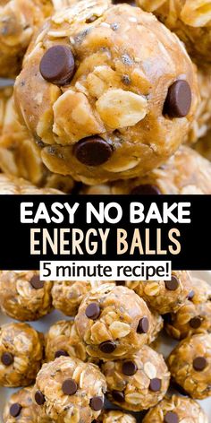 no bake energy balls with chocolate chips on top and the title overlay reads easy no bake energy balls 5 minute recipe