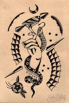 an old school style tattoo design on a piece of paper with stars and moon in the background