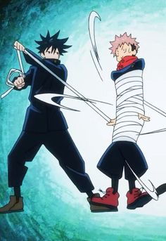 two anime characters with swords in their hands, one holding the other's hand