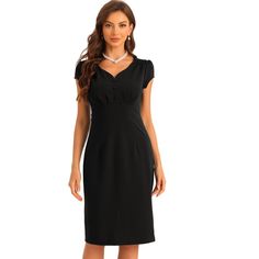 With soft fabric, this elegant pencil dress with a special and classic, fit and flared hem design adds to your choice for the upcoming seasons. Breathable and stretch material, this workwear classic dress can perfectly draw out your waistline and elongate your legs. The solid color dress office wear can be paired with high heels can build an urban chic elegant business lady look. Classic Fitted Sheath Midi Dress, Classic Fitted Midi Dress, Classic Knee-length Bodycon Dress For Office, Classic Fitted V-neck Bodycon Dress, Classic Fitted Bodycon Dress For Semi-formal Occasions, Classic Knee-length Bodycon Dress For Formal Occasions, Classic Formal Bodycon Dress With Short Sleeves, Classic Knee-length Party Bodycon Dress, Classic Knee-length Bodycon Dress For Party