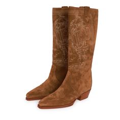 This pair of "Folk 35" Cowboy Boots are in brown suede with contrast "Brides de Gala" embroidery, tonal stitching and feature a brown leather sole and heel. Origin: ItalyCondition: Pristine; new or never Accompanied by: Hermes box, dustbags, carebook and ribbonSize: 36.5 EU Hermes Cowboy Boots, Celine Western Boots, Luxury Traditional Leather Cowboy Boots, Luxury Brown Suede Cowboy Boots, Luxury Western Brown Mid-calf Boots, Hermes Box, Brown Suede, Cowboy Boots, Calf Skin