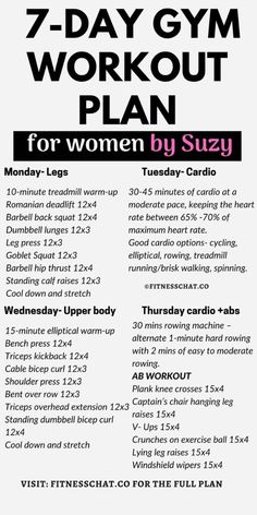 the 7 - day gym workout plan for women by suzy is shown in black and white