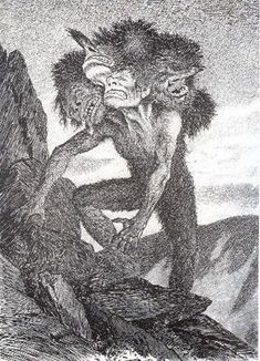 a drawing of an animal attacking another creature with its claws on his head, in front of