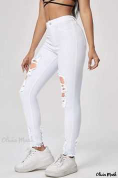 Olivia Mark - Classic White Solid High-Rise Skinny Fit Denim Jeans for Women with Distressed Details White Mid-rise Ripped Jeans, White High Rise Ripped Jeans, Stretch Distressed White Bottoms, White Stretch Ripped Jeans, White Ripped Mid-rise Bottoms, Denim Style Casual, Sleeveless Blazer, White Solid, Jeans Online