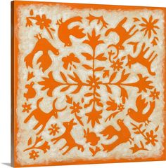 an orange and white paper cutout with birds, flowers, and leaves on it