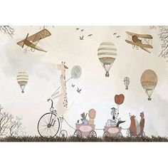 an image of children's wall mural with animals and hot air balloons in the sky