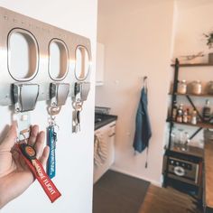 a person is holding keys in front of a wall mounted key holder with multiple hooks