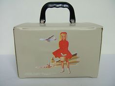 a white suitcase with a woman on it