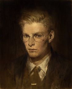 a painting of a man wearing glasses and a suit with a tie on his neck