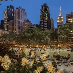 many people are sitting in the park at night with skyscrapers in the back ground