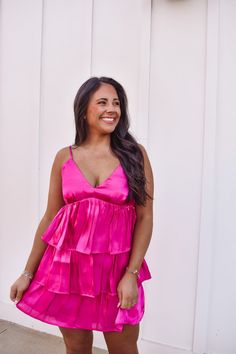 Emalee Pink Ruffle Dress – Southern Stars Boutique Pink Metallic Dress, Pink Hoco Dresses, Layered Ruffle Dress, Pink Ruffle Dress, Birthday Fits, Pink Metallic, Ruffled Dress, Metallic Pink, Casual Chic Outfit