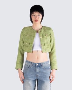 Let them know you mean business, in the sweetest way possible 😊 This green tweed crop jacket is made from boucle tweed fabric, and finished with rhinestone heart-shaped buttons for a cute and sassy touch 💚 Cropped Tweed Outerwear With Buttons, Trendy Fitted Tweed Jacket For Spring, Trendy Spring Tweed Jacket With Button Closure, Fitted Tweed Outerwear, Trendy Style, Trendy Fitted Tweed Outerwear, Fitted Trendy Tweed Outerwear, Cropped Tweed Jacket For Spring, Green Tweed Spring Blazer, Spring Green Tweed Blazer